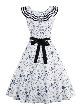 Sisjuly Sieviešu Kleita Vintage Līnijas, 1950 Ruffles Vasaras Sieviete bez Piedurknēm Drukāt Elegants Modes Retro Īss Puse Kleita Meitene