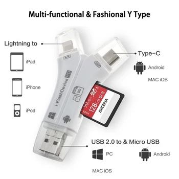 4 1 es Zibatmiņas Disku USB Micro SD&TF Karšu Lasītājs Adapteri iPhone 5 6 7 8 iPad Macbook Android Kameras