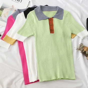Vasarā jauni īsām piedurknēm raibs džemperis, t-krekls sievietēm vintage adīt t 2020