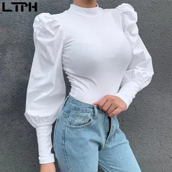 Karstā pārdošanas 2019. gada rudens un ziemas sieviešu Vintage jaunu full laternu piedurknēm, augsta apkakle cietā self-audzēšanu savvaļas zemāko krekls
