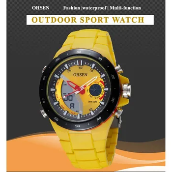 Modes Digitālo Vīriešu Kvarca rokas Pulkstenis Vairumtirdzniecības OHSEN Silikona Siksniņa skatīties Yellow Dial Ūdensizturīgs Āra Sporta Pulksteņi Dāvanas