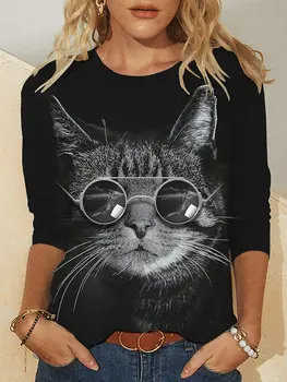 Sprādzienbīstamas Gudrs Kaķis 3D Drukāšanas Gadījuma Zaudēt Sieviešu T Krekls Pavasarī, Rudenī Jaunu Ilgtermiņa Piedurknēm Liela Izmēra Dāmas O Kakla Dāmas Tee