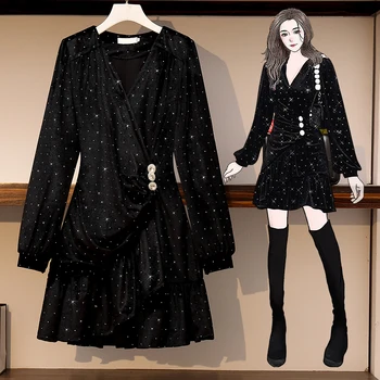Plus lieluma rudens ziemas samta melns drapēti mini kleitas, sieviešu vintage anglijas dimanta ruffles garām piedurknēm samta kleita 2020