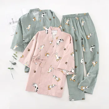 Japāņu Stila Kimono Kokvilnas Sleepwear Augstas kvalitātes Naktsveļu Dienas Naktskrekli Apakšveļa Sexy Cute Pidžamas Komplekts Femme Pyjama
