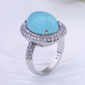 Luksusa Big Blue Ovāls Moonstone Ring Sievietēm Meitene Modes Kristālu Sudraba Krāsu Gredzeni Kāzu Saderināšanās Rotaslietas Anillos Mujer