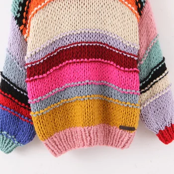 Salds Varavīksnes svītrains Džemperis Sieviešu Modes O-veida Kakla Vaļēju Apkakli Cute Meitenes Kontrasta Krāsas Šiks Džemperi