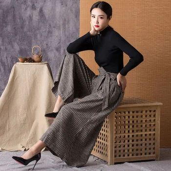 Qiukichonson Rāmijas Sieviešu Svītru Plaša Kāju Bikses 2019 Jaunu Modes Mežģīnes Up Vintage Augsta Vidukļa Kapri Bikses Gadījuma Plus Lieluma Bikses