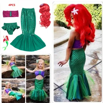 Sirēna Peldkostīmu peldkostīms Bikini, Peldēšana maz princese ariel kleita cosplay kostīms bērniem par meiteni iedomātā zaļā kleita