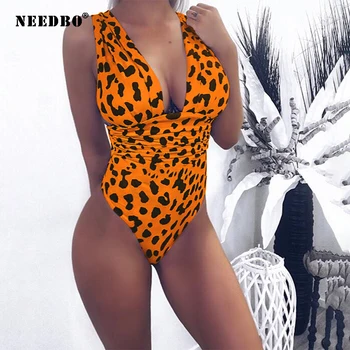 NEEDBO Bodysuit Sieviešu Leopard Seksīgi Kombinezoni Femme Eleganta Siksna Bodysuit Top Sievietēm Dziļu V veida Kakla Bodysuit Mujer Catsuit