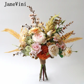 JaneVini Vintage Rudens Līgavas Zīda Pušķi, Šampanieti Rozā Rožu Ziedi Hydrangea Kāzu Pušķi Fleur Artificielle Mariage