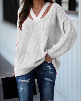 Džemperis Sieviešu Modes Gadījuma tīrtoņa Krāsu garām Piedurknēm V-veida kakla Dobi-out Džemperi Jakas Sieviešu Lielajam Sieviešu Džemperi