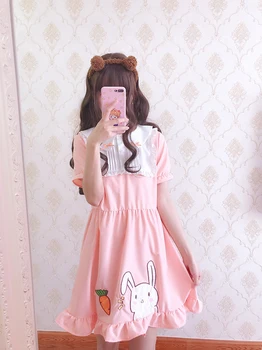 Japāņu rozā sweet lolita kleita cute burkānu trušu plāksteris mežģīnes bowknot viktorijas kleita kawaii meitene gothic lolita op loli cosplay