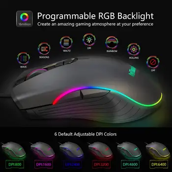 RedThunder Gaming Peli ar Vadu, 7 Programmējamas Pogas, Chroma RGB Aizmugurgaismojums, 6400 DPI Regulēšana, Ērts Rokturis Ergonomisks