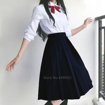 Japāņu Skolas Formas tērpu Meitenes vienkrāsainu Augsta Vidukļa Kroku Svārki Ilgi JK Uzvalks Melns Pelēks augstskolas Studentu Sieviešu Apģērbu