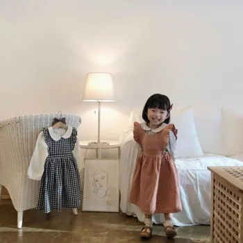 Korejas Toddler Meitenes Kleita Bērnu Rudens Lina Kleita Cute Kids Bez Piedurknēm Griezt Kleita Sping Kritumu Pārbauda Savirmot Piedurknēm Tutu