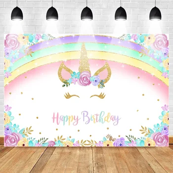 Unicorn Tēmu Happy Birthday Foto Fona Rainbow Krāsainiem Ziediem Zelta Vilnis Punktu, Fons Dzimšanas Dienas Kūka Galda Banner
