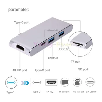 6-in-1 USB-C C Tipa 3.1 HUB w/ Type-C Elektroenerģijas Piegādes Maksas Docking 4K HDMI Video HD SD/TF Card Reader USB3.0 MacBook Pro