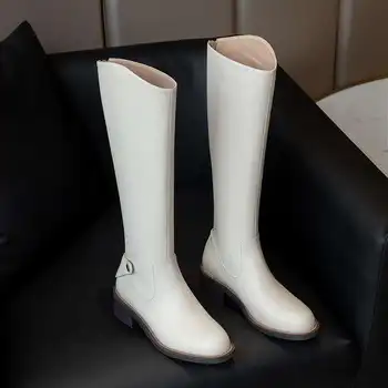Krazing Pot īstas ādas kārtu toe med papēža ziemas apavi vienkāršu stilu, skaistumu dāma streetwear augstas kvalitātes ceļa augstas zābaki L10