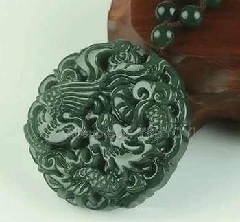 Skaisti Dabas Zaļā HeTian Jade Cirsts Ķīniešu Dragon Phoenix Amuletu Laimīgs Kulons + Bezmaksas Kaklarota Sertifikātu Smalkas Rotaslietas