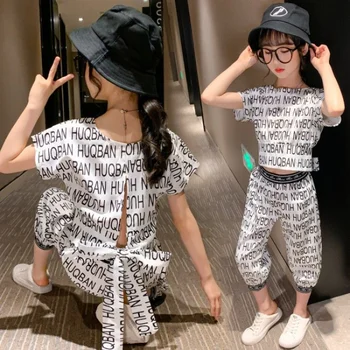 Tīņi Modes Apģērbu Kopumu Burtiem Drukāt Divas Gabals Kultūraugu Top Bikses Kopa Korejas Tērps Meitenēm, Bērniem, Apģērbs, 5 7 9 1112 13 Gadus