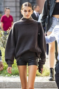 2020. gadā-Pavasarī un Rudenī Ielu Stilu, Līguma Melns Krekls Sievietēm, kas augstu uzrullētu apkakli Streetwear Džemperi ar garām Piedurknēm