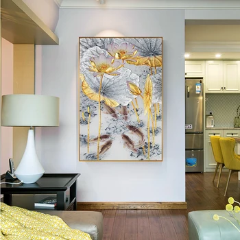 Anotācija Zelta Lotosa Zivis Kanvas Glezna uz Sienas Mūsdienu Plakāti un Izdrukas Apdare Sienas Attēlu Dzīvojamā Istaba Eju