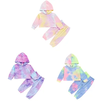 Jauns 1-4Years Bērniem, Baby Meitenes Kid-krāsošanas Kapuci garām Piedurknēm Top + Bikses Rudens Sporta Apģērba Komplekts