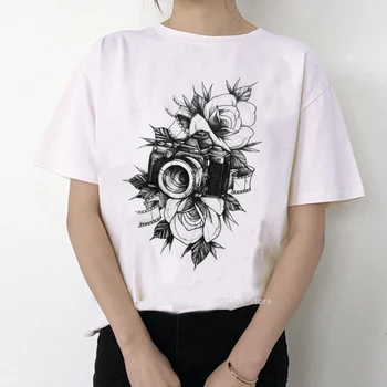 Retro fotokameru t-krekls sieviešu akvarelis ziedi kameras izdrukāt vintage tee kreklu femme balts t krekls grafiskais t topi apģērbi