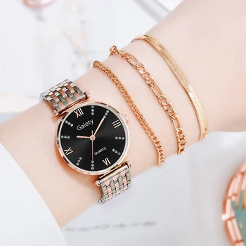 4GAB Komplekts Modes Skatīties Sieviešu Luksusa Kristāla Diamond Rose Gold Dāmas Rokas Pulksteņi Aproce Sieviešu Pulkstenis Dāvanu zegarek damski
