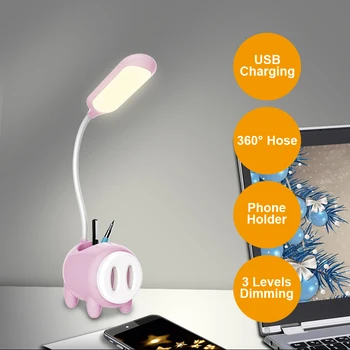 LED Galda LampTable Lampas Dzīvnieku Cūku Pildspalvu Turētājs Bāzes USB Uzlādes Galda Lampa Touch Slēdzis Dimmer Studiju Apgaismojums Galda Lampas Istaba