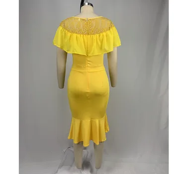 Plus lieluma nāriņa kleita sieviete dzeltenā savirmot mežģīnes raibs sexy vakara puse vestidos afircan modes sieviešu biroja midi kleita