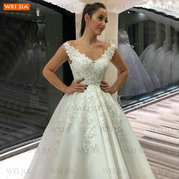 Modes Ziloņkaula V Kakla Kāzu Kleitas 2021 Bez Piedurknēm Hochzeitskleid Mežģīnes Up Appliqued Tilla Līgavas Kleitas Garo Vestidos De Noiva