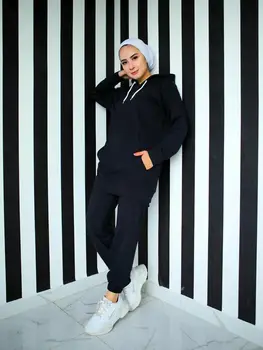 Svītru Detalizētu Ķengurs Kabatas Dubultā Hijab Uzvalks Haki Toppies Sieviešu Tracksuit Kapuci Sporta Krekli 