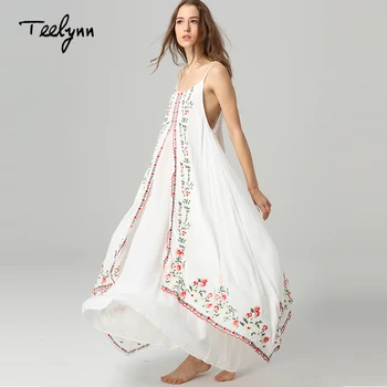 TEELYNN Maxi balts boho kleita Vintage ziedu izšūti bez piedurknēm siksniņa garas Vasaras kleitas pludmali, valkāt sieviešu kleita Vestido