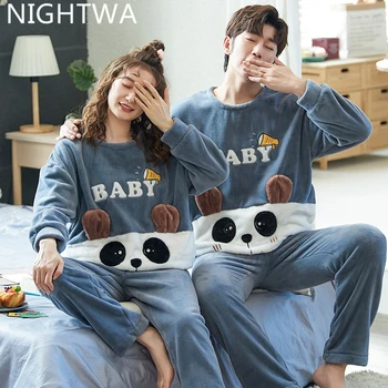 NIGHTWA Ziemas Pāriem, Pidžamas Komplekts Cute Dzīvnieku Flaneļa Sievietēm pijamas Vīriešu Plīša Sleepwear Pidžamas Uzvalks Mājas Apģērbu gulēt