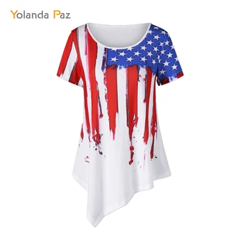 Yolanda Paz 2019 vasaras Gadījuma Ilgi, T Krekls Sievietēm balts Neregulāru Apakšmalu Amerikāņu Karogu Druka sieviete, topi, t-veida, Plus Izmēra T-Krekls
