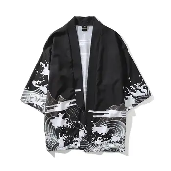 MISSKY Unisex Vīriešu Vasaras Kreklu Baltā Melnā Krāsā Vintage Ukiyo-E Modelis Kimono Zaudēt Piedurknēm Kokvilnas Krekli, Topi, Vīriešu Apģērbs