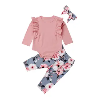Jaundzimušais Zīdainis, Mazulis Meiteņu Drēbes Ruffles Ziedu Top Romper Bodysuits Garas Bikses Galvu Tērpiem 3PCS Drēbes