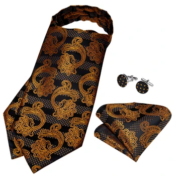 Vīriešu Luksus Zīda Ascot Tie Komplekts Vīriešiem Zelta Paisley Black Cravat Saites Lakatiņu Tie Zelta Gredzens Komplekti, Kāzu Oficiālu Zeķubikses DiBanGu