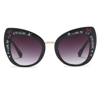 Grafiti Drukāt Cat Eye Saulesbrilles Sieviešu Modes Brilles Luksusa Zīmolu Dizainera Lielgabarīta Melnos Toņos Sieviešu Briļļu Punktiem