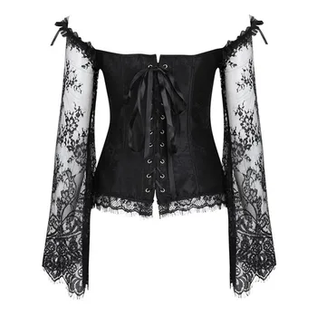 Sieviešu Steampunk Vintage Viktorijas Krekls Topi Sexy Pie Pleca Mežģīnes Long Sleeve Black Retro Blūze Plus Izmērs Prom Puse Korsešu
