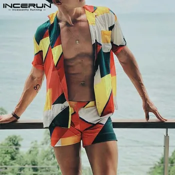 INCERUN Vasaras Pludmales Vīriešiem Komplekti Izdrukāt Īsām Piedurknēm Streetwear Atloks Krekls Modes Gadījuma Šorti Vīriešiem Havaju Kostīms 2 Gabali, kas ir 2021.