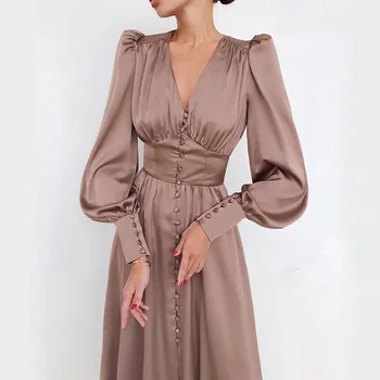 Rudens Ar Garām Piedurknēm Kleita Sievietēm Tīru Krāsu Pogu Modes Gadījuma Puse Balli Slim Vakarā Maxi Kleitas Sievietēm Ir 2021. Elegants
