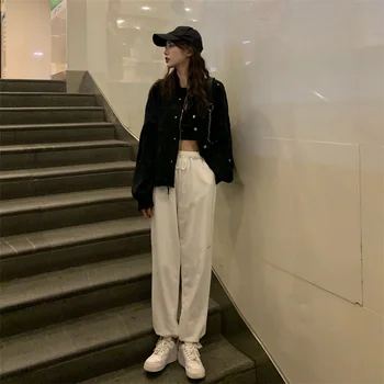 Jaunā Korejiešu Stilā, Streetwear Sieviešu Izlīdzināšanu Bikses Plaša Kāju Bikses Sievietēm Visu Maču Gadījuma Taisni Augsta Vidukļa Pārklājus Brīvs Bikses