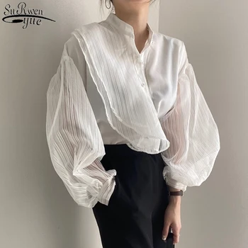 Korejas Redzēt Cauri Blūze Sieviešu Modes Sexy Zaudēt Balts Sieviešu Krekls Elegants Apģērbs Puff garām Piedurknēm Acs Blūze 11256