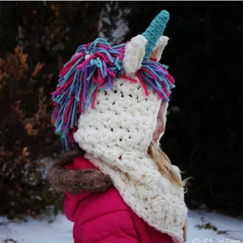Modes Unicorn cepure un šalle šalle meitenēm, trikotāžas-adītas siltas ziemas, galvas un kakla aksesuāri chrismas jaunā gada dāvana bērniem