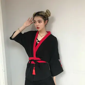 Arī klasiskajā Japāņu Kimono Sieviešu Harajuku Krekli Embroided FOX Blūzes Zaudēt Ikdienas Topi Un Blūzes Blusa Mujer Roupas Feminina