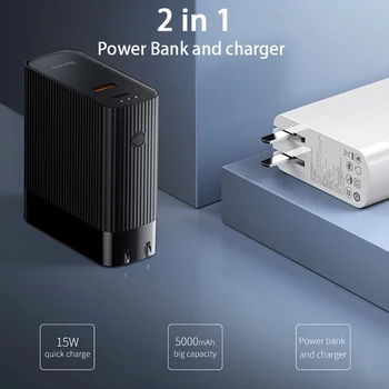 Baseus 2in1 USB Lādētāju 5000mAh Power Bank Ātra Uzlāde Divreiz Portatīvo Ceļojumu Lādētājs 15W 3.0 Mini Daudzfunkciju Quick Lādētājs