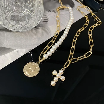 Imitētu Pērle sānslīdi kaklasaite Kaklarotas Sievietēm 2020. Gadam, Modes Krusta Monētas Paziņojumu, Kaklarotas & Zelta Kuloni Collier Femme Rotaslietas
