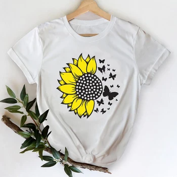 T-krekli Sievietēm Ir 2021. Ziedu Saulespuķu Tauriņš Pavasara Vasaras Drukāšanas Top Lady Drukāt Grafiskā Tshirt Sieviešu Tee T-Krekls